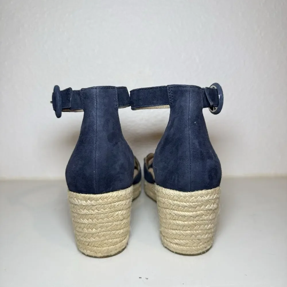 Pelle Moda Womens 9.5M Navy Suede Espadrille Wedge Sandals Scalloped Ankle Strap